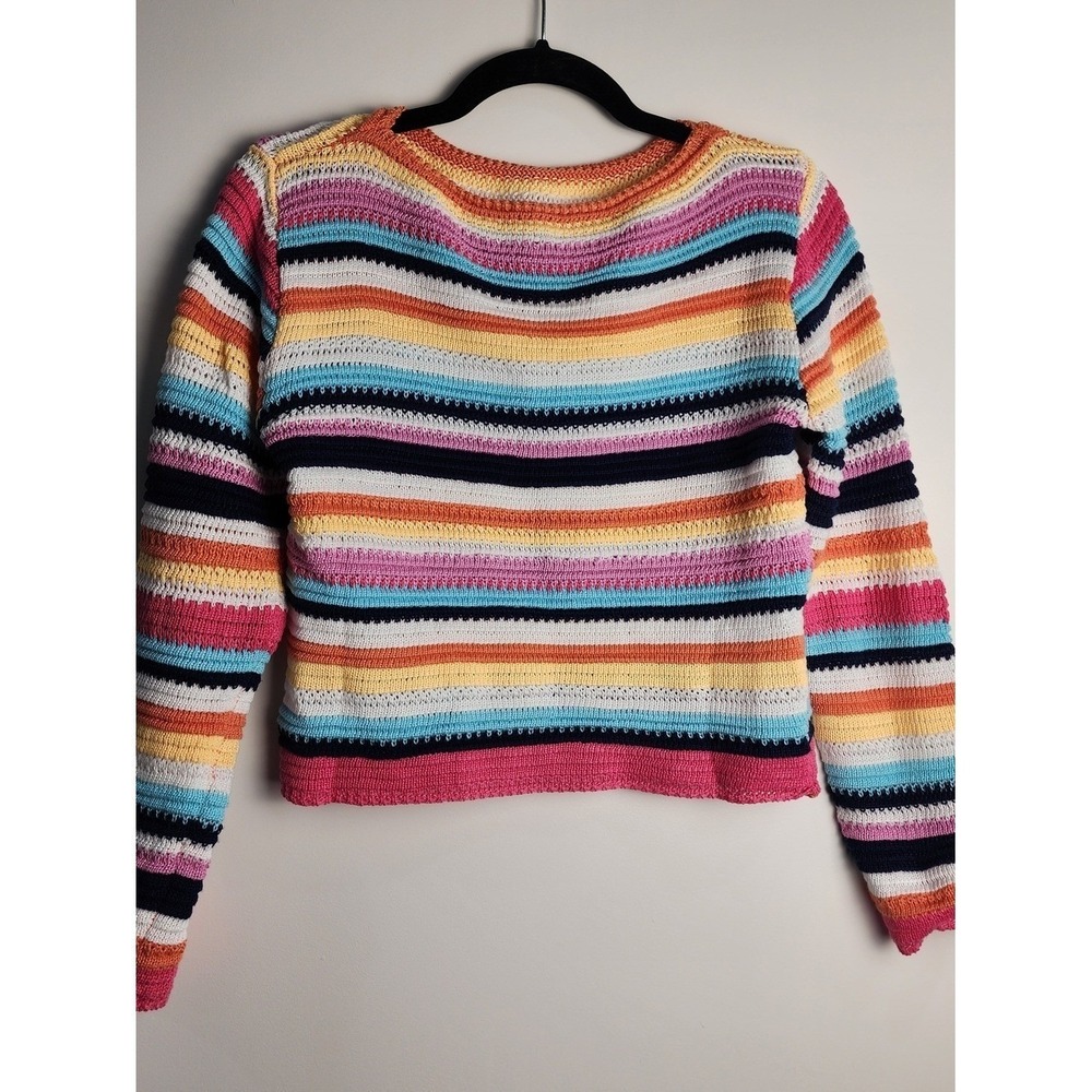 Striped Sweater Womens Large Multicolor Rainbow Boho Crochet open Knit Cropped - Picture 6 of 6